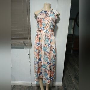 Tropical Print Halter Midi Dress